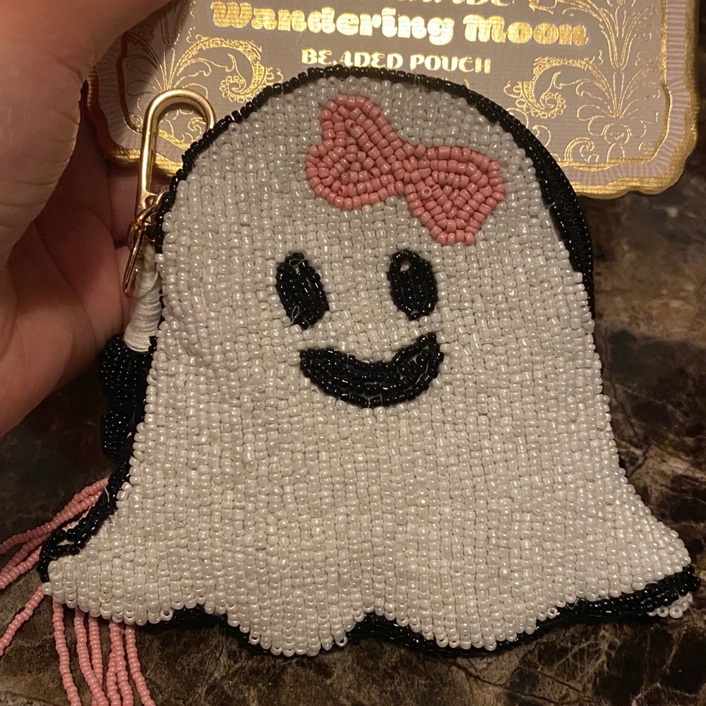 Beaded Ghost Keychain with Pink Bow - Picture 2 of 3